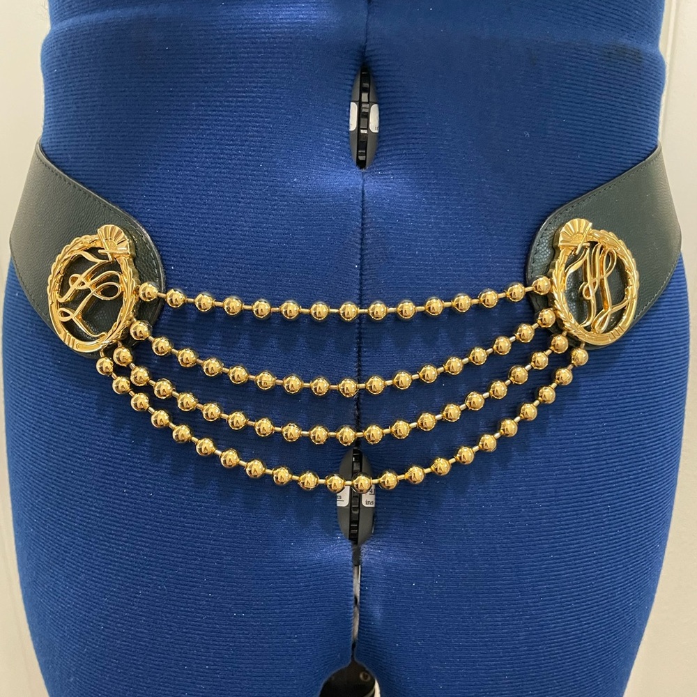 Vintage 80s KARL LAGERFELD Green/Gold Iconic Logo Belt, Made In Paris France